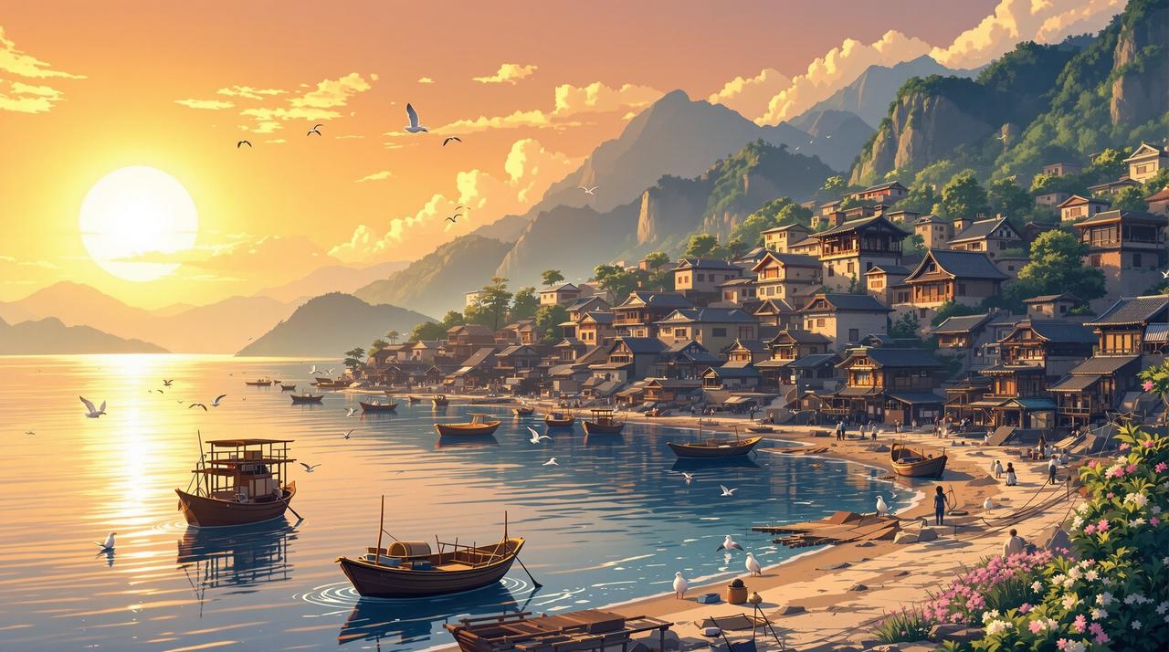 免免漫剧 - 海边渔村温暖黄昏全景，金色夕阳下的渔港，停泊的小渔船，传统石屋与远山